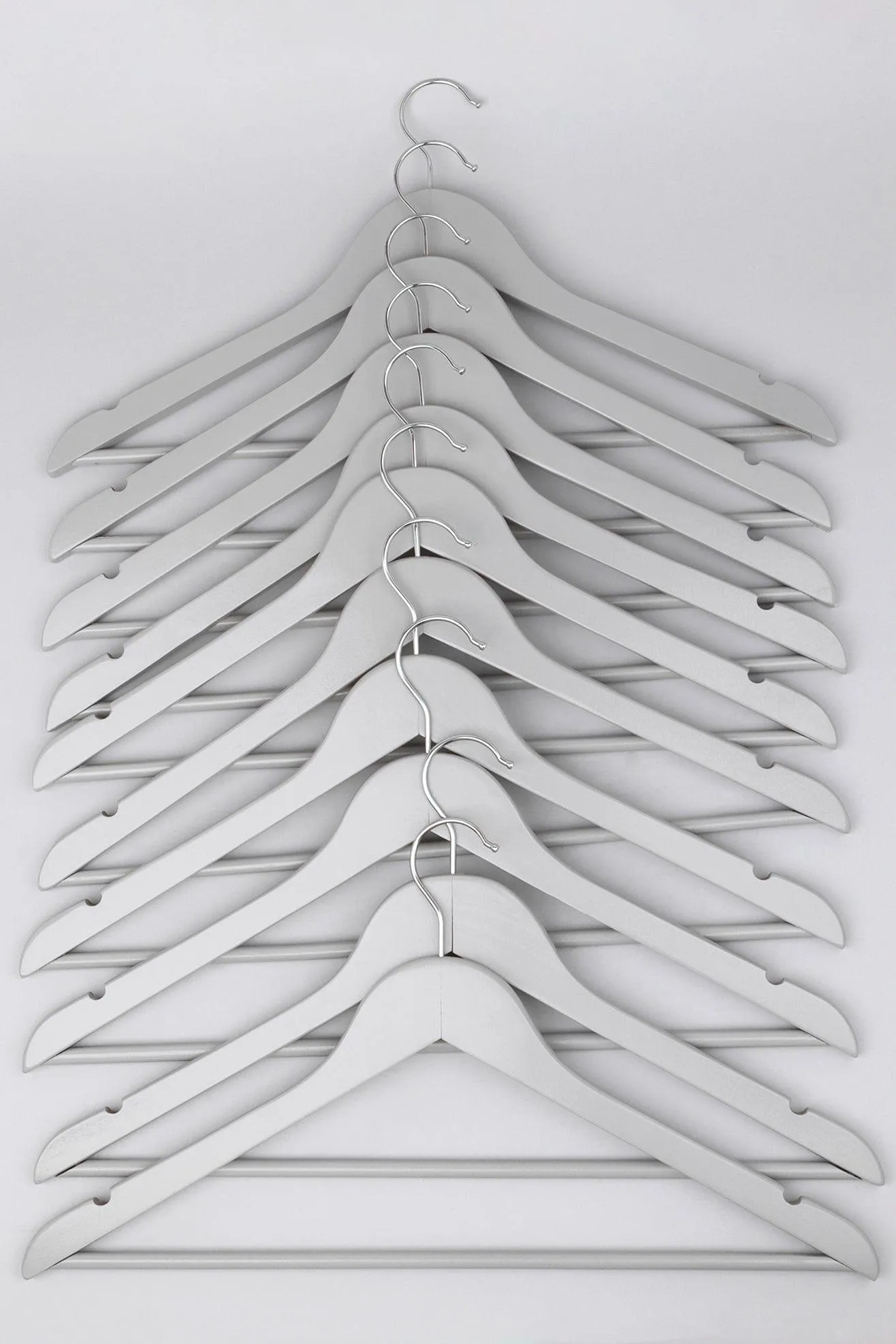 Set of 10 Wooden Notched Chrome Hook Clothes Hangers