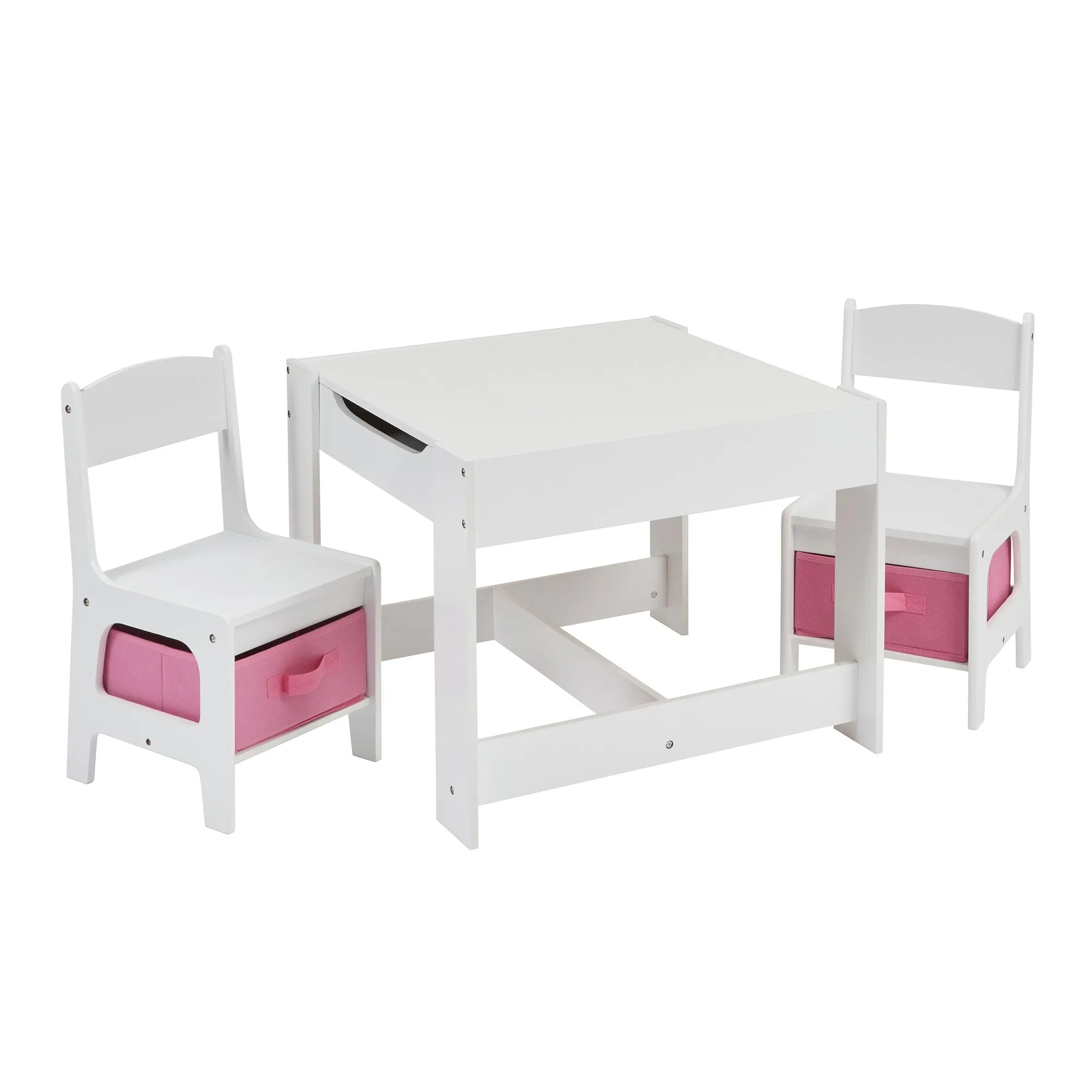 White Table and 2 Storage Chairs - Pink Bins