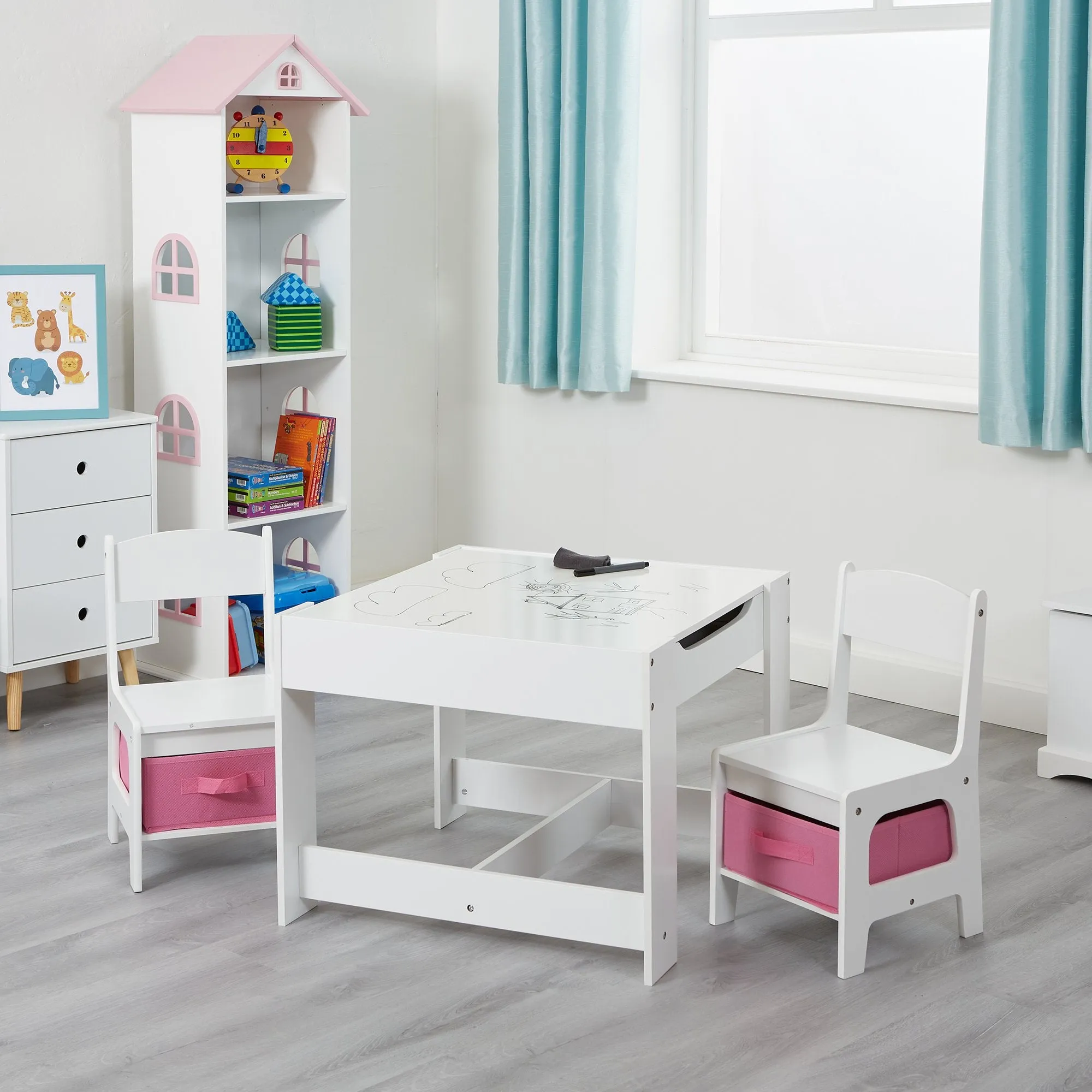 White Table and 2 Storage Chairs - Pink Bins