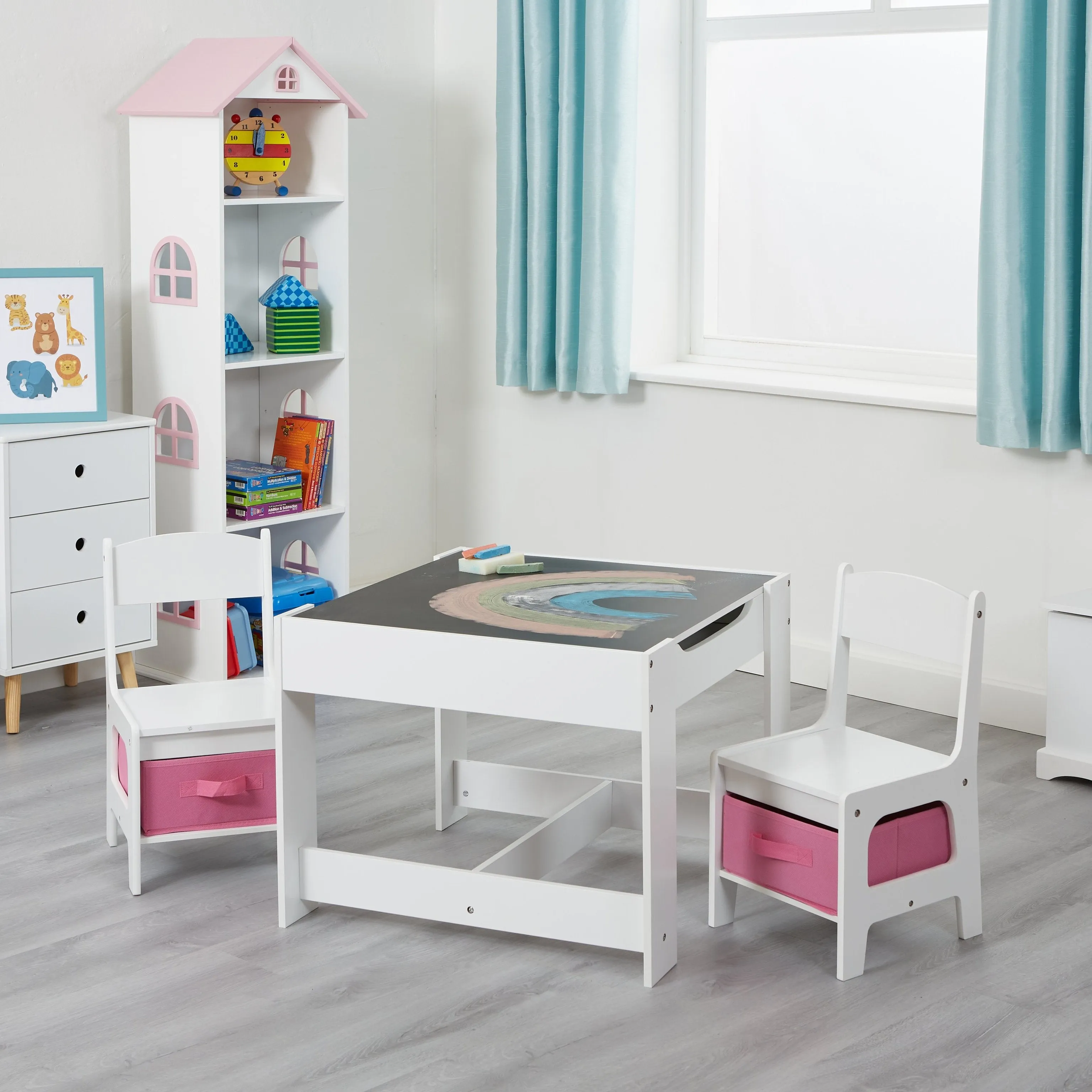 White Table and 2 Storage Chairs - Pink Bins